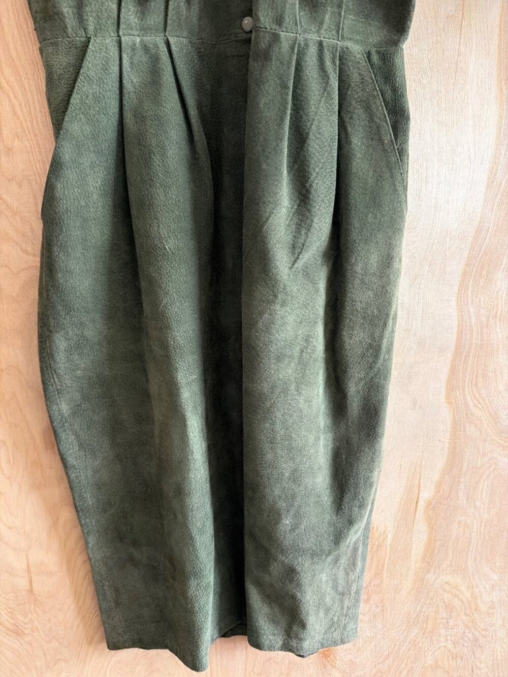 Vintage Della Roufogali Olive Green Suede Leather Safari Shirt Dress Size 10 - Picture 9 of 14